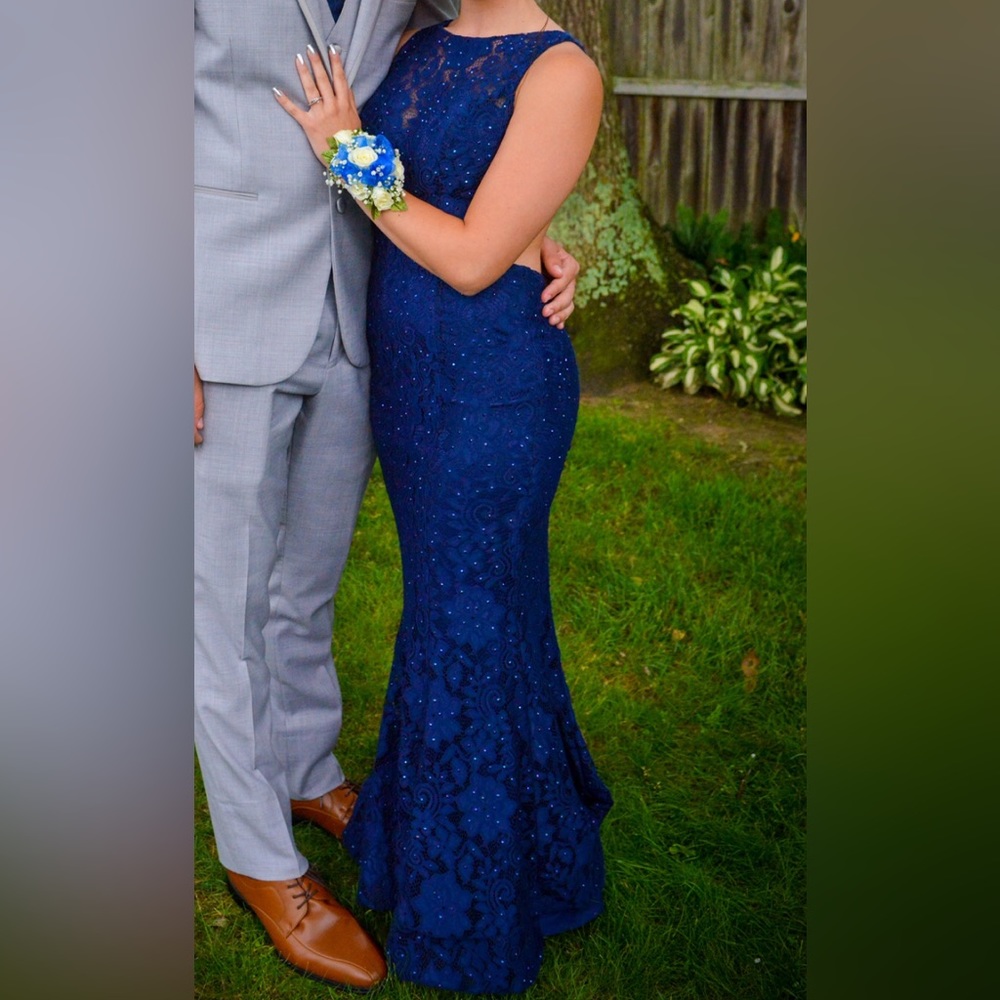 Blue lace prom dress with stones. Size 2 (unaltered)